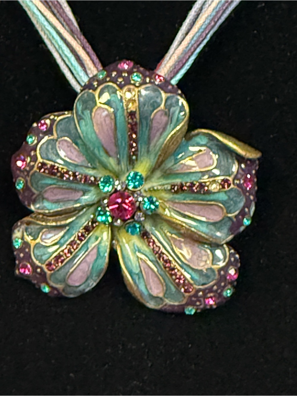 Multi-strand Cord Floral 20” Necklace Featuring a Large Enameled Flower Pendant